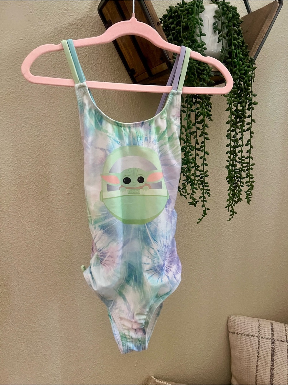 Disney Kids One Piece Swimsuit Pastel Tie-Dye with Green Baby Yoda - Picture 9 of 13